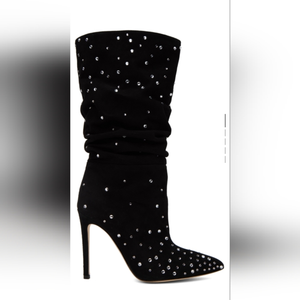 NWT Paris Texas Embellished Black Suede Slouchy Heeled Boots EUR 37 US 7 Italy